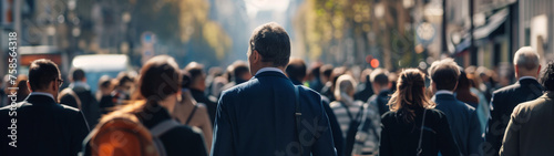 Many people in the crowd, back view of men and women walking to work or school on a City's street.