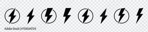 "Lightning bolt icon set: Flash electric symbols, thunderbolt flat style signs, dynamic vector illustration."