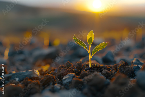 Young plant with ground backdrop and dawn light  representing new life and growth in springtime  with a modern agricultural theme.