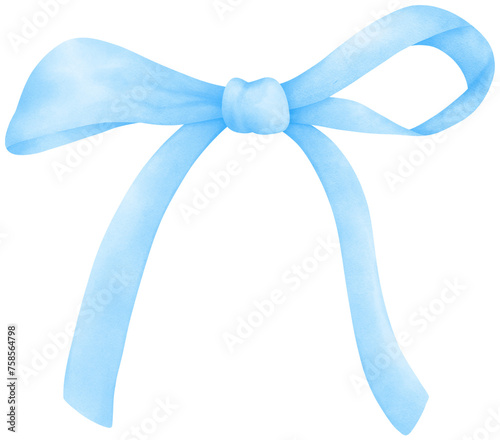 Blue coquette ribbon bow watercolor illustration	