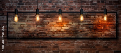 A series of light bulbs are suspended from a metal frame attached to brickwork on a wall. The combination of materials creates a unique design element