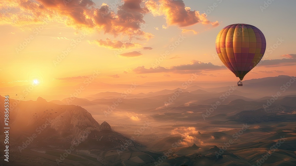 A picturesque scene of a hot air balloon ride at sunset symbolizing rising above worries to find happiness