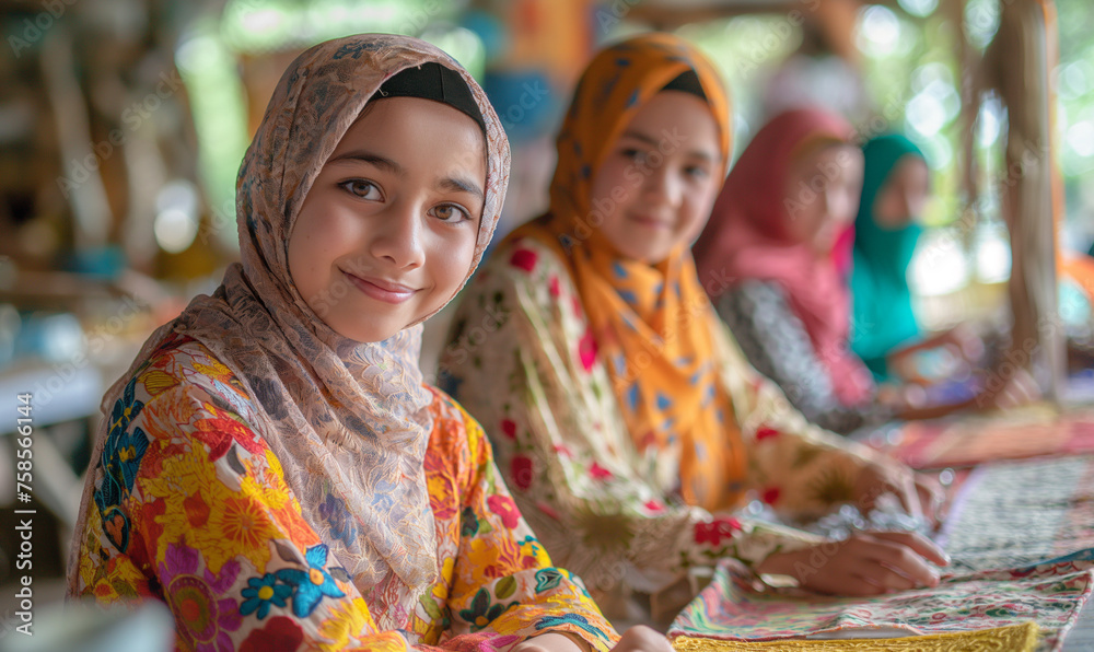 Young Muslim women joyfully exchange handicraft techniques Young Muslim women joyfully exchange handicraft techniques