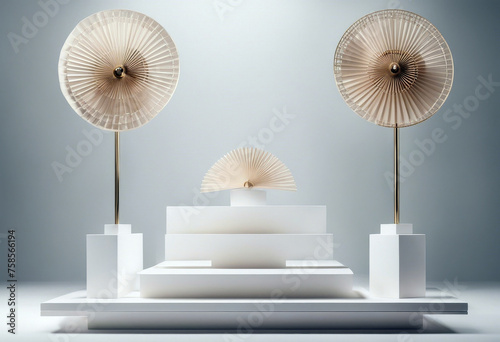 Set of three rectangle white podiums mockup with oriental paper fans as decor in modern minim photo
