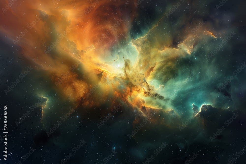 Picture of a nebula in space It features bright colors and swirling cosmic dust.