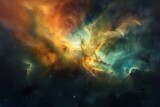 Picture of a nebula in space It features bright colors and swirling cosmic dust.