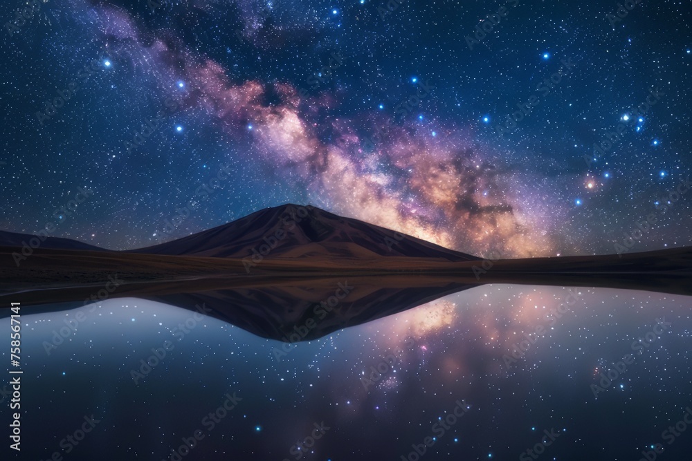 Image of the Milky Way arching over a tranquil mountain lake. You can see the reflection in the water against the clear night sky.