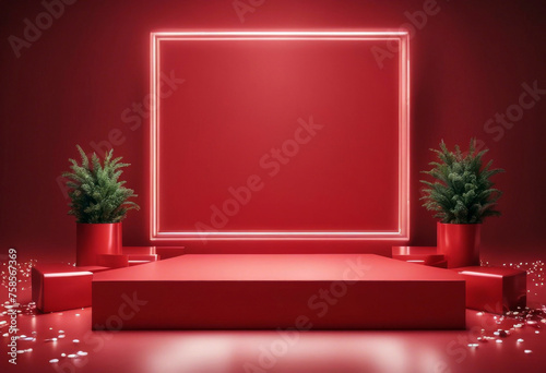 decor placement gift boxes product red podium poduim christmas product background dais pedestal red cosmetic luxury gift box tree ribbon leaf showcase three-dimensional minimal leaf platform render