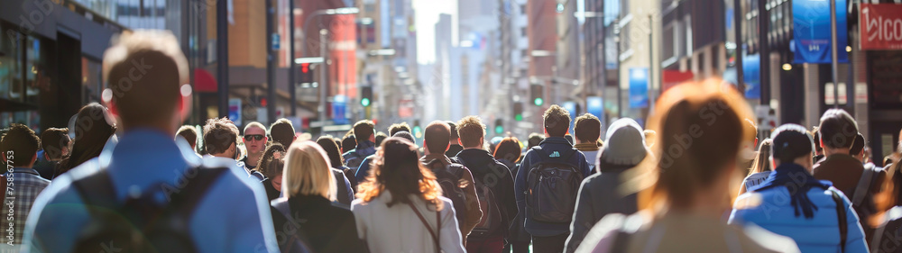 Many people in the crowd, back view of men and women walking to work or school on a City's street. Many people in the crowd, back view of men and women walking to work or school on a City's street.