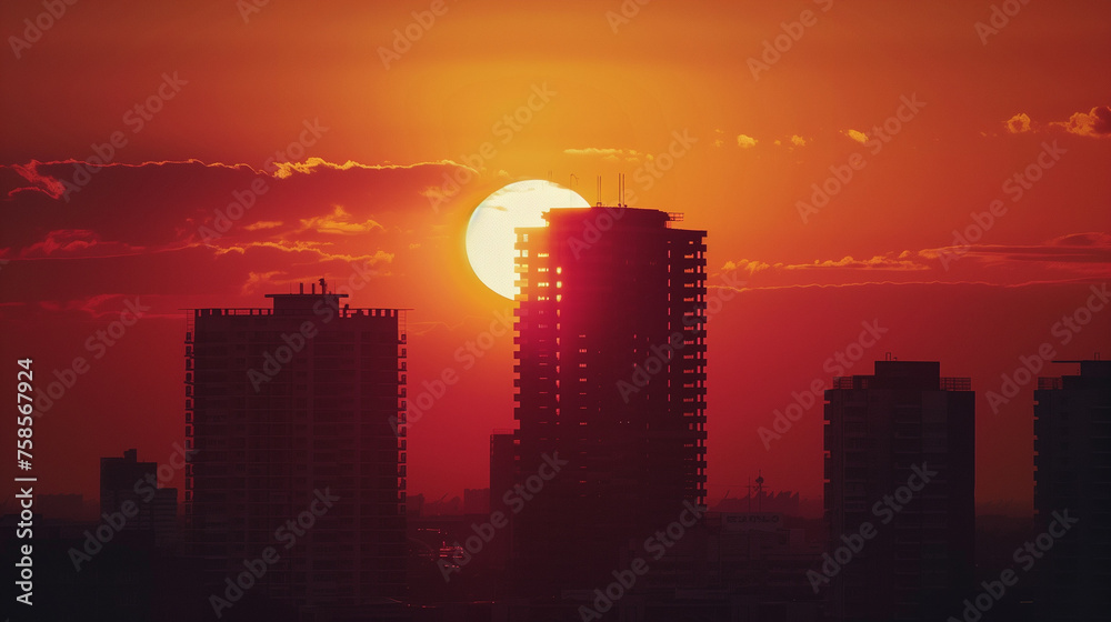 Sun setting behind tall city buildings creating a silhouette against the sky. Copy space. Background.