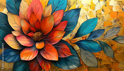 A vibrant painting of a flower with many leaves depicted on a canvas  perfect for botanical or nature-themed decor.