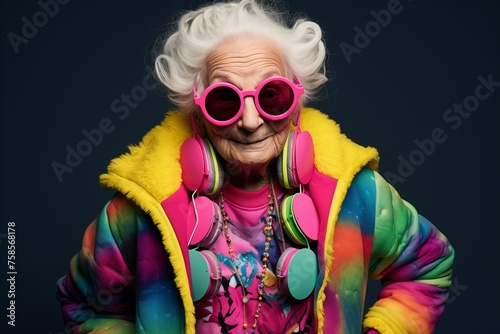 Fashionable senior woman with headphones listening to music and dancing.