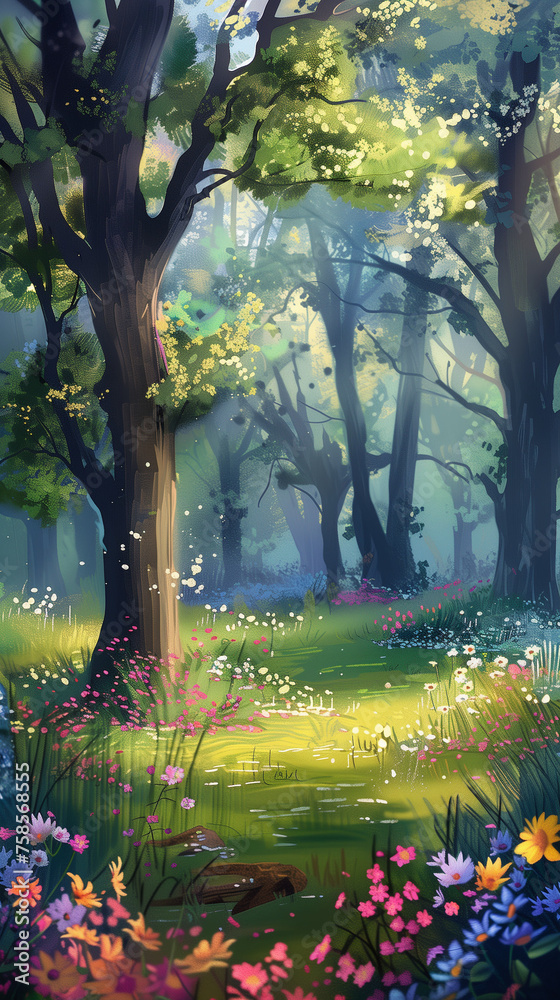 A colorful painting depicting a lush forest filled with blooming flowers and tall trees, capturing the essence of a vibrant spring landscape. Copy space. Background.