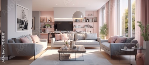 Modern luxurious design of a bright and cozy apartment with a fresh atmosphere. Cleaning and decorating for a house sale.