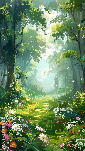 A vibrant painting showcasing a dense forest filled with blooming flowers and new growth. Copy space. Background.