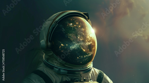 An astronaut in a helmet gazes at the Earth from a distance, showcasing the vastness of space and the beauty of our planet. Copy space. Background.