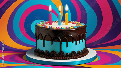  Digital Art: Vibrant Celebration with Happy Birthday Cake photo