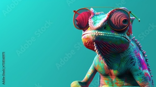 Dazzlingly Colored Chameleon Exuding Effortless Coolness with Fashionable Sunglasses Against a Luminous Turquoise Background, Reflecting Its Vibrant Personality and Captivating Aura