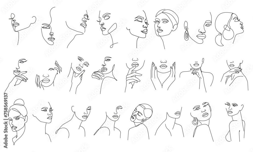 Female Face Line Art Drawing Set. Minimal Linear Illustration of Woman Face. Set of Black Lines Drawings on White Background for Trendy Design. Vector Illustration Female Face Line Art Drawing Set. Minimal Linear Illustration of Woman Face. Set of Black Lines Drawings on White Background for Trendy Design. Vector Illustration