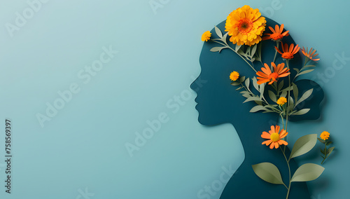  paper cut of woman's head with flowers on blue background, health day concept, generative ai © RANA