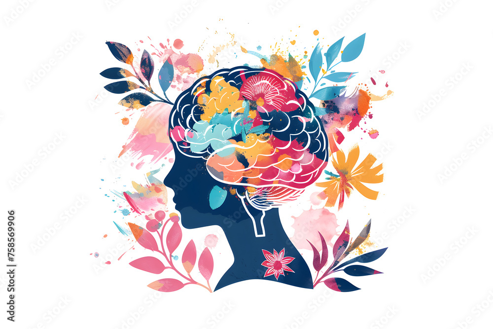 human brain with colorful flowers and leaves illustration on a white background, used as a banner design for health day concept, generative ai