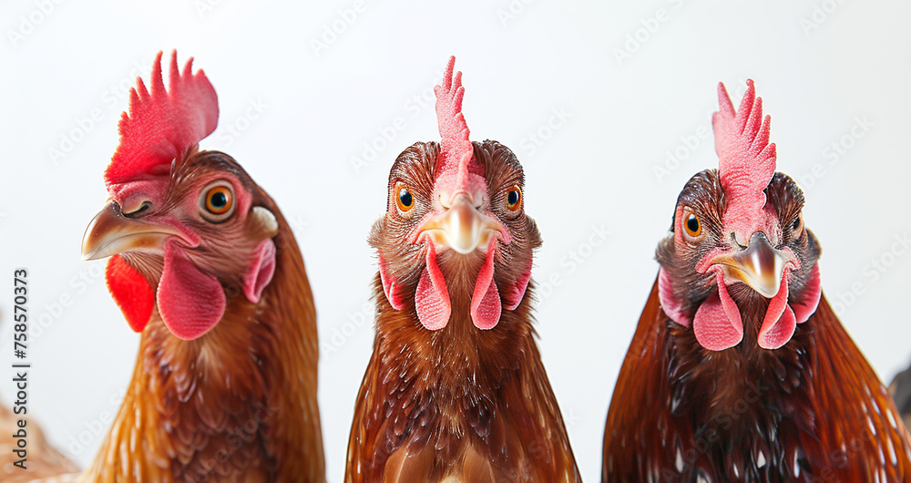 Naklejka premium Close up of three brown chickens isolated white background, funny farm animal portrait