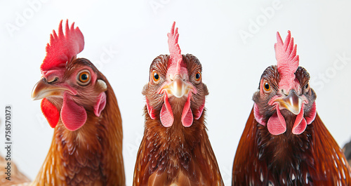Close up of three brown chickens isolated white background, funny farm animal portrait