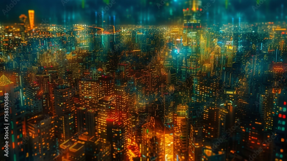 A Mesmerizing Aerial Perspective Captures The Vibrant Energy Of Bustling City Streets Illuminated By The Dazzling Lights Of Towering Skyscrapers Amidst The Nocturnal Ambiance