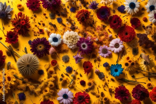 A vibrant and colorful display of dried flowers on a bright yellow background, full of texture and life
