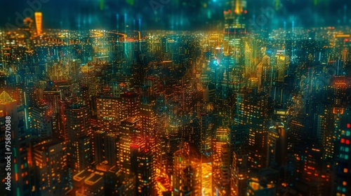 A Mesmerizing Aerial Perspective Captures The Vibrant Energy Of Bustling City Streets Illuminated By The Dazzling Lights Of Towering Skyscrapers Amidst The Nocturnal Ambiance