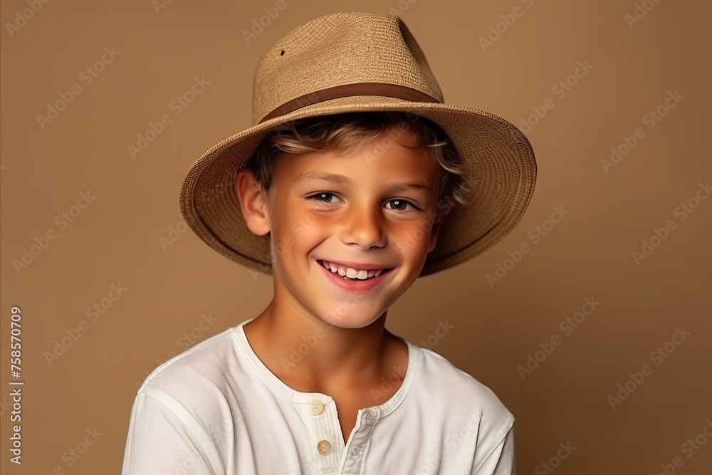Portrait of a smiling little boy in a hat on a brown background Portrait of a smiling little boy in a hat on a brown background