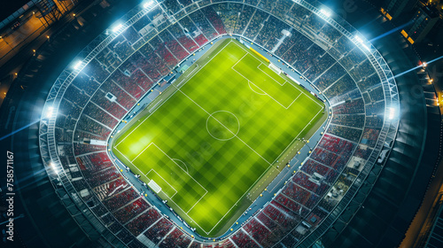 A soccer stadium illuminated at night, showcasing the field, stands, and surrounding infrastructure. Copy space. Background.