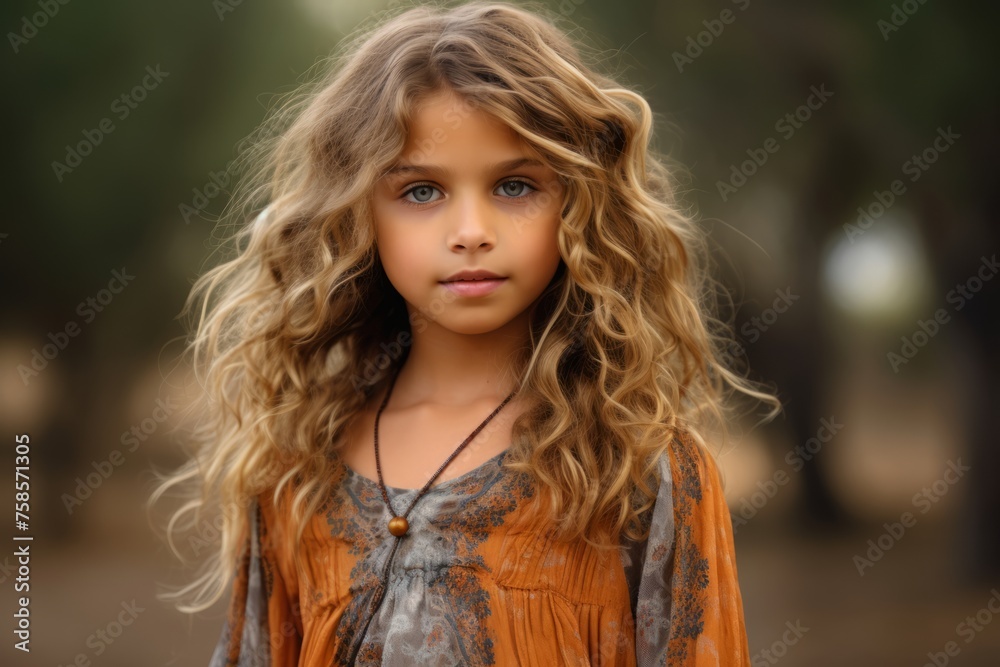 Portrait of a beautiful little girl with long curly hair outdoor.