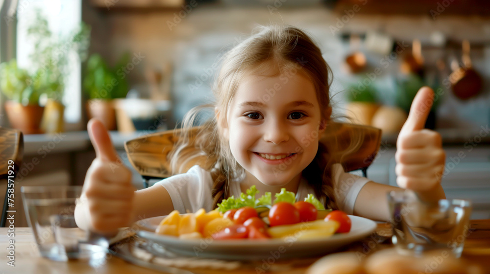 Happy Girl Shows Thumbs Up - She Likes Food Happy Girl Shows Thumbs Up - She Likes Food
