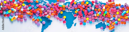 Multicolored pills scattered over a world map for Global Health Day. Banner. Background.