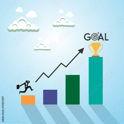 Goal concept background businessman Flat design vector illustration concept of team work. Businessmen go on growing arrow with money.