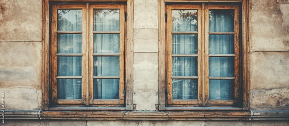 A pair of wooden windows with a rectangular shape are fixtures on a stone wall of a building, adding symmetry and charm to the facade A pair of wooden windows with a rectangular shape are fixtures on a stone wall of a building, adding symmetry and charm to the facade