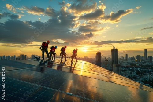 Group of solar panel technicians installing renewable energy systems on rooftops, harnessing the power of the sun to generate electricity against a backdrop of urban sprawl, Generative AI photo
