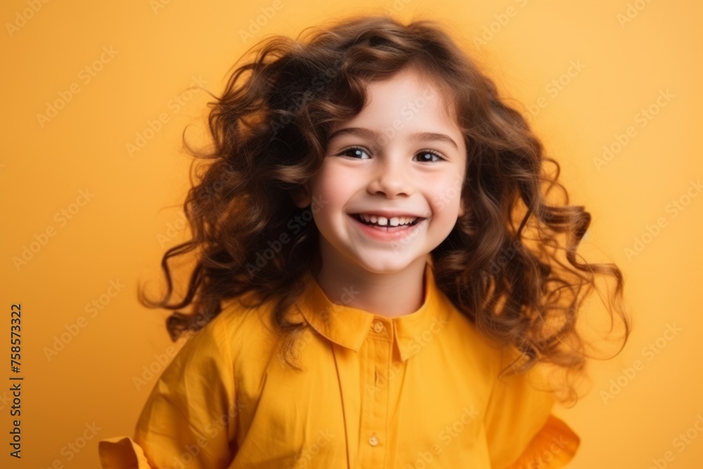 Portrait of a cute little girl with curly hair over yellow background Portrait of a cute little girl with curly hair over yellow background