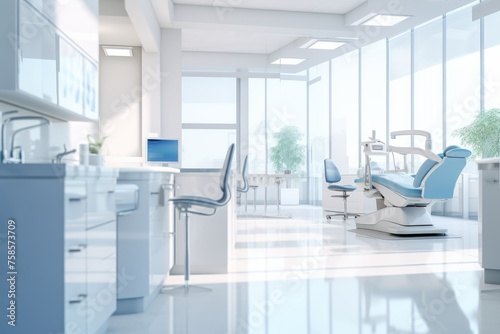 The interior of a modern dental clinic. Dental chair and equipment in the dentist's office in a bright modern clinic. Blurred background.