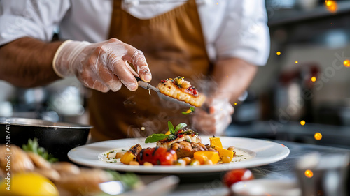 close up of chef making delicious food in the restaurant kitchen, chef cooking in the kitchen, delicios foods in kitchen