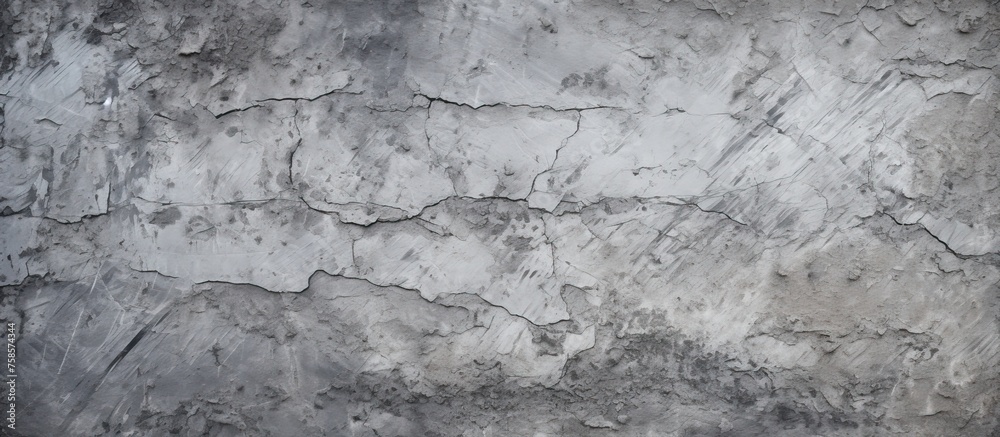 Fototapeta premium A detailed view of a weathered grey concrete wall resembling the natural formation of a bedrock outcrop, with intricate patterns and textures