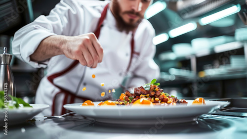 close up of chef making delicious food in the restaurant kitchen, chef cooking in the kitchen, delicios foods in kitchen photo