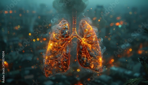 damaged lungs against the backdrop of a destroyed city. suitable for lung health poster campaigns