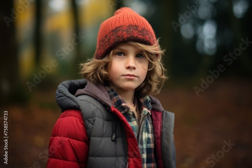 Portrait of a little boy in a red cap and coat in autumn forest