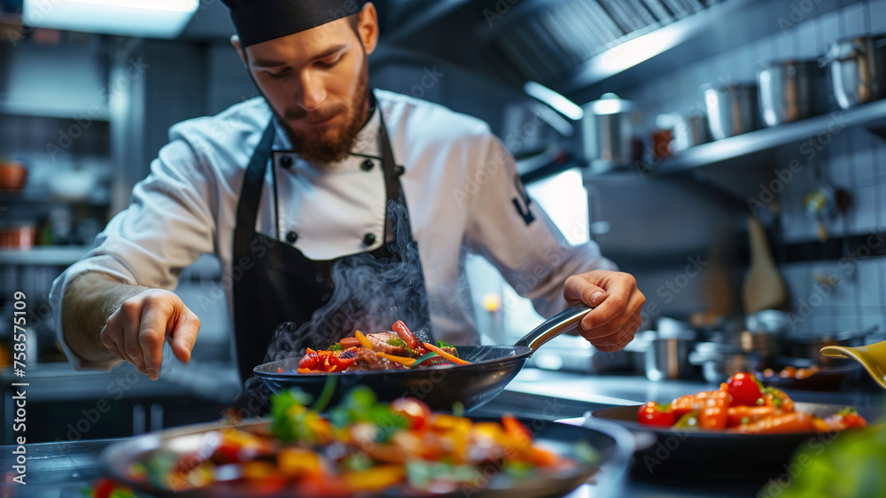 close up of chef making delicious food in the restaurant kitchen, chef cooking in the kitchen, delicios foods in kitchen