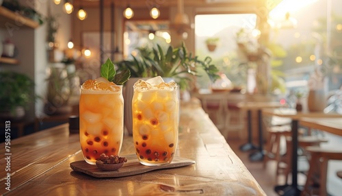 Bubble iced tea on wooden table in cafe photo