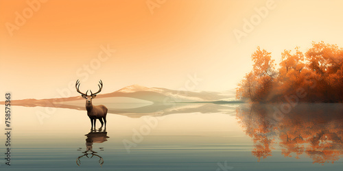 nature lover wild sight deer on a river sunset  peaceful view background