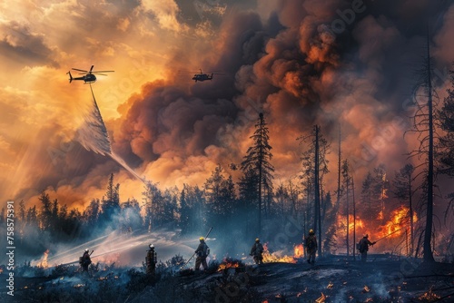 Team of firefighters battling a raging wildfire in a remote forest, with helicopters dropping water and smoke billowing against the backdrop of towering flames, Generative AI photo