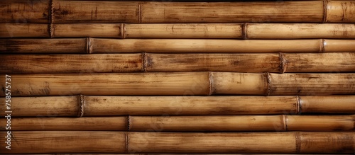 A closeup of a bamboo wall showcasing the natural brown tones of the hardwood material. The bamboo sticks are arranged in a rectangular pattern resembling brickwork